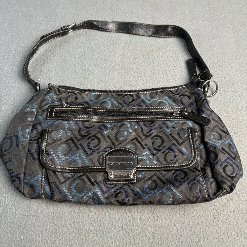 Liz Claiborne Monogram Jacquard Shoulder Bag Blue Black Logo Buckle Purse